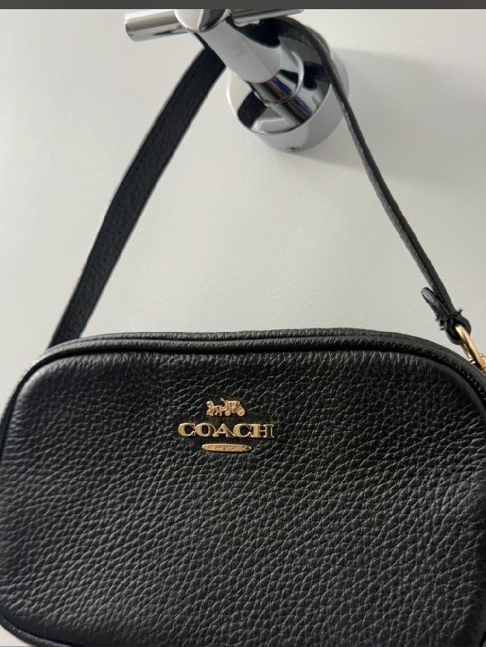 Coach Black Pebbled Leather Camera Crossbody with Gold Logo